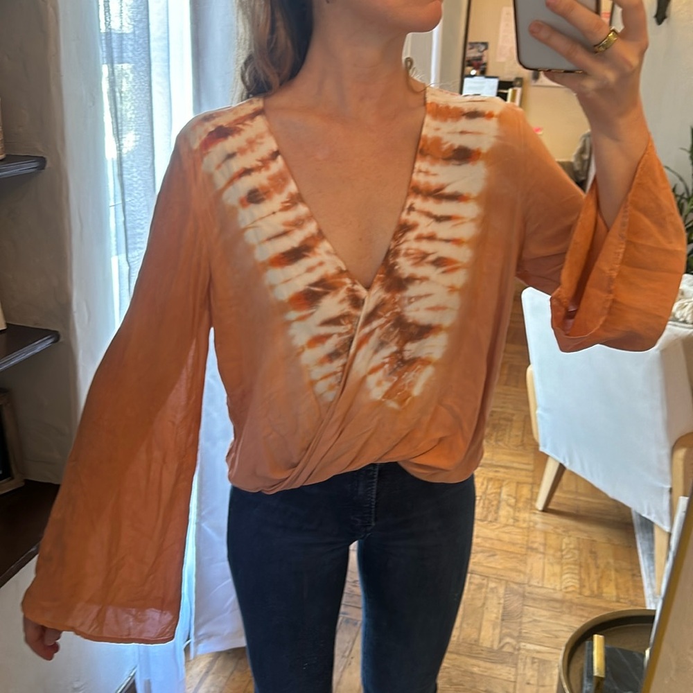 Planet blue blue life orange tie dye long sleeve bell top
